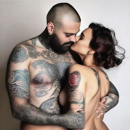 Uma imagem de um homem forte com tatuagens em uma sacada, e uma mulher na sacada ao lado, com o título em português 'Amor e Confusão'