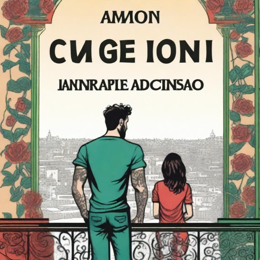 A strong man with tattoos standing on a balcony, and a woman on the adjacent balcony