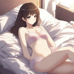 An anime girl in lingerie, lying on a bed