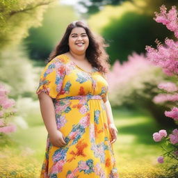 A joyful and confident big girl standing in a sunny park, surrounded by blooming flowers and trees