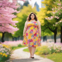 A joyful and confident big girl standing in a sunny park, surrounded by blooming flowers and trees