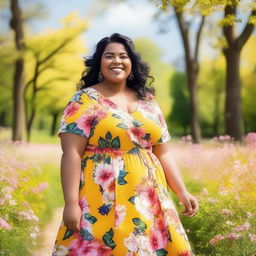 A joyful and confident big girl standing in a sunny park, surrounded by blooming flowers and trees