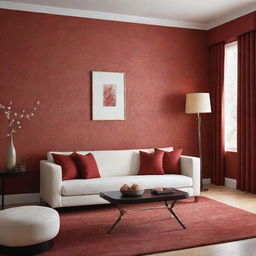 Create a luxurious, minimalist living room featuring warm-toned wallpaper accents, integrating touches of red.