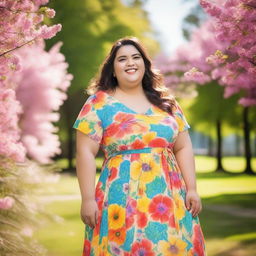 A joyful and confident big girl standing in a sunny park, surrounded by blooming flowers and trees