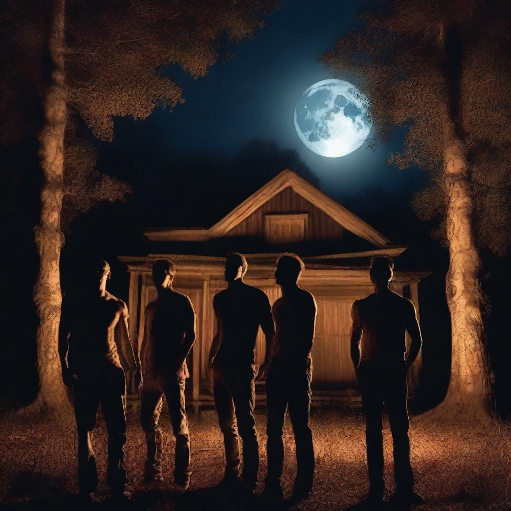 Four very attractive athletic young men are screaming in the night, standing in front of an old plantation house in the woods