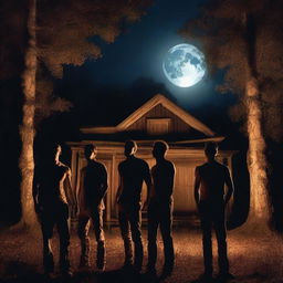 Four very attractive athletic young men are screaming in the night, standing in front of an old plantation house in the woods