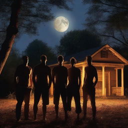 Four very attractive athletic young men are screaming in the night, standing in front of an old plantation house in the woods