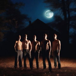 Four very attractive athletic young men are screaming in the night, standing in front of an old plantation house in the woods