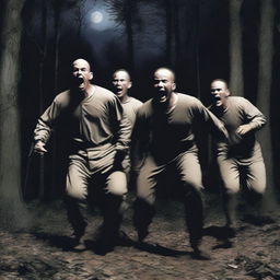 Three escaped convicts screaming in a dense forest near an old plantation under the light of a full moon