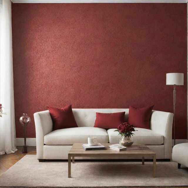 Create a luxurious, minimalist living room featuring warm-toned wallpaper accents, integrating touches of red.