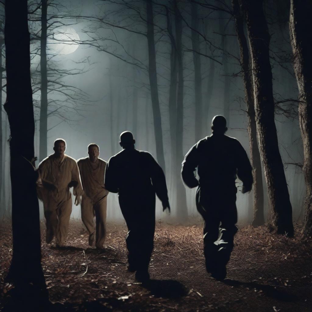 Three escaped convicts screaming in a dense forest near an old plantation under the light of a full moon