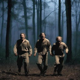 Three escaped convicts screaming in a dense forest near an old plantation under the light of a full moon