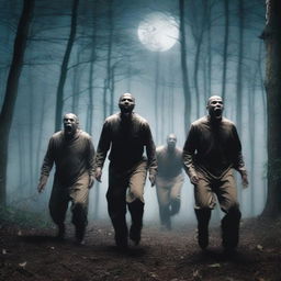 Three escaped convicts screaming in a dense forest near an old plantation under the light of a full moon