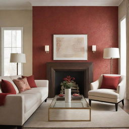 Create a luxurious, minimalist living room featuring warm-toned wallpaper accents, integrating touches of red.