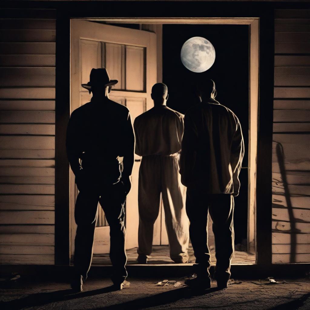 Three escaped convicts standing on the porch of an old abandoned plantation home, trying to break in under the light of a full moon