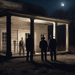 Three escaped convicts standing on the porch of an old abandoned plantation home, trying to break in under the light of a full moon