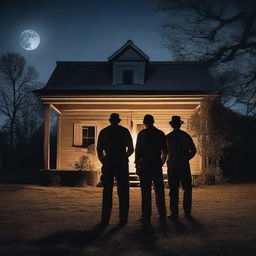 Three escaped convicts standing on the porch of an old abandoned plantation home, trying to break in under the light of a full moon