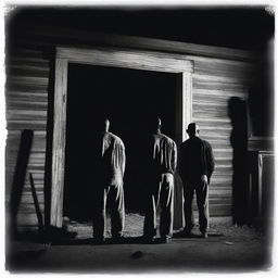 Three escaped convicts standing on the porch of an old abandoned plantation home, trying to break in under the light of a full moon