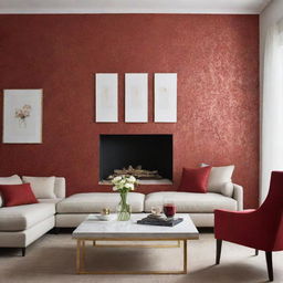 Create a luxurious, minimalist living room featuring warm-toned wallpaper accents, integrating touches of red.