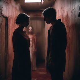 A young woman and young man, covered in blood, emerging from the darkness of an old, eerie basement