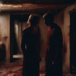 A young woman and young man, covered in blood, emerging from the darkness of an old, eerie basement