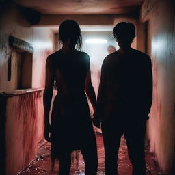 A young woman and young man, covered in blood, emerging from the darkness of an old, eerie basement