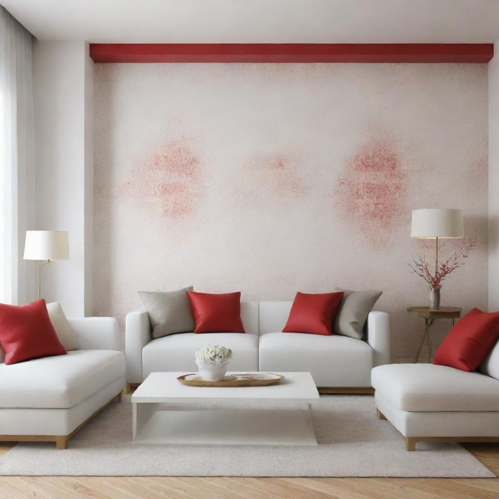 Render a luxurious, minimalist living room with touches of warm-toned wallpaper accents, hints of red, while keeping the walls white.