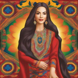 A beautiful Latina woman with long flowing hair, wearing a vibrant, traditional dress with intricate patterns