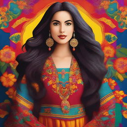 A beautiful Latina woman with long flowing hair, wearing a vibrant, traditional dress with intricate patterns