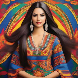 A beautiful Latina woman with long flowing hair, wearing a vibrant, traditional dress with intricate patterns