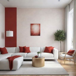 Render a luxurious, minimalist living room with touches of warm-toned wallpaper accents, hints of red, while keeping the walls white.