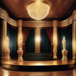 Design a glamorous and dramatic high-detail cinematic artwork symbolizing a prestigious award ceremony