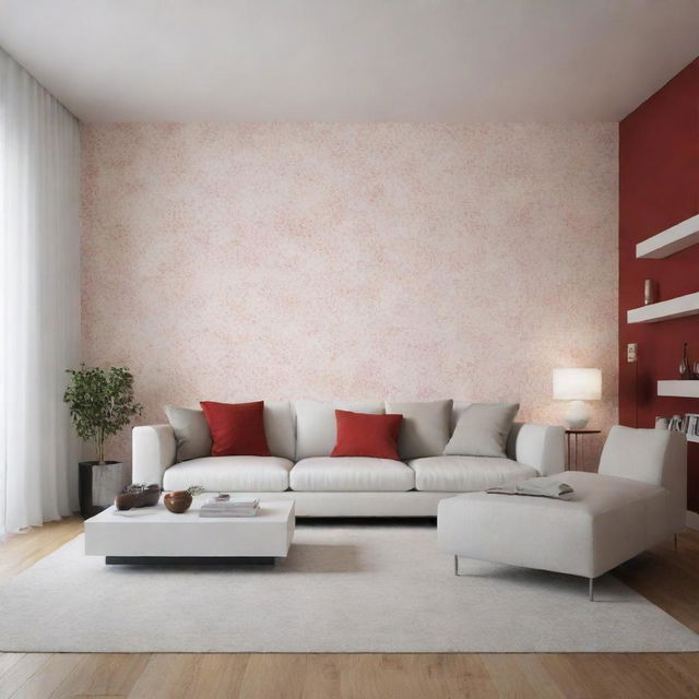 Render a luxurious, minimalist living room with touches of warm-toned wallpaper accents, hints of red, while keeping the walls white.