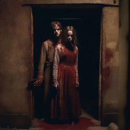 A young woman and man, recently back from the dead, covered in blood and looking gory, are emerging from a room in an old cellar