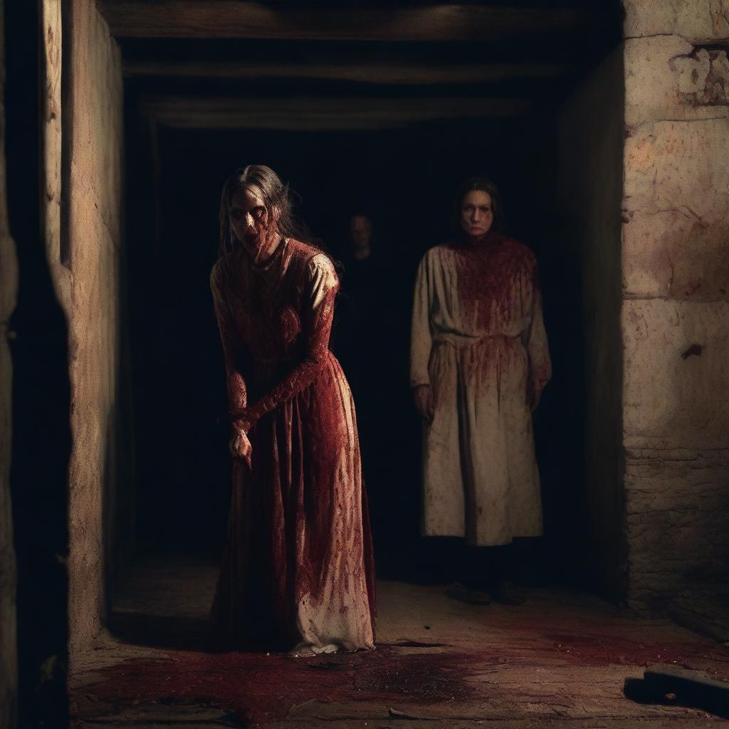 A young woman and man, recently back from the dead, covered in blood and looking gory, are emerging from a room in an old cellar