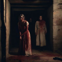 A young woman and man, recently back from the dead, covered in blood and looking gory, are emerging from a room in an old cellar