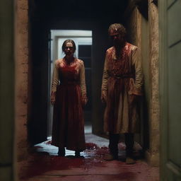 A young woman and man, recently back from the dead, covered in blood and looking gory, are emerging from a room in an old cellar