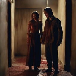 A young woman and man, recently back from the dead, covered in blood and looking gory, are emerging from a room in an old cellar