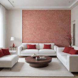 Render a luxurious, minimalist living room with touches of warm-toned wallpaper accents, hints of red, while keeping the walls white.