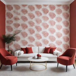 Illustrate a luxurious minimalist living room incorporating touches of warm-toned wallpaper and added red hues while maintaining white walls.