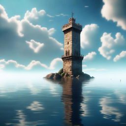 A solitary tower standing in the middle of the ocean, surrounded by vast, calm waters