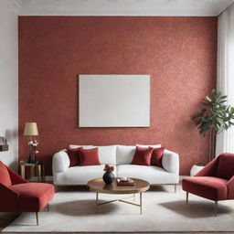 Illustrate a luxurious minimalist living room incorporating touches of warm-toned wallpaper and added red hues while maintaining white walls.