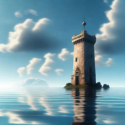 A solitary tower standing in the middle of the ocean, surrounded by vast, calm waters