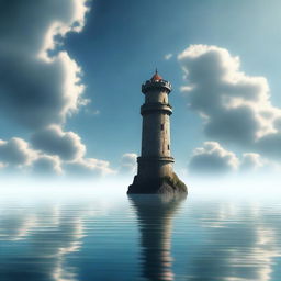 A solitary tower standing in the middle of the ocean, surrounded by vast, calm waters