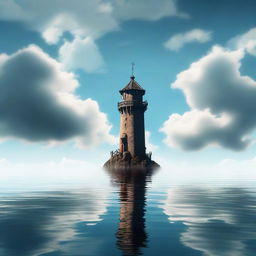 A solitary tower standing in the middle of the ocean, surrounded by vast, calm waters