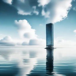 A modern, lonely skyscraper standing in the middle of the sea, surrounded by vast, calm waters