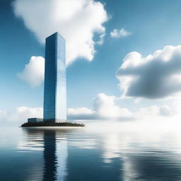 A modern, lonely skyscraper standing in the middle of the sea, surrounded by vast, calm waters