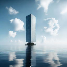 A modern, lonely skyscraper standing in the middle of the sea, surrounded by vast, calm waters