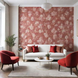 Illustrate a luxurious minimalist living room incorporating touches of warm-toned wallpaper and added red hues while maintaining white walls.