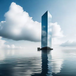 A modern, lonely skyscraper standing in the middle of the sea, surrounded by vast, calm waters